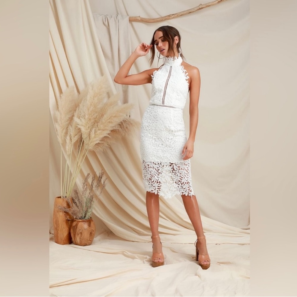 LULUS White Divine Destiny Lace Midi
Dress Large